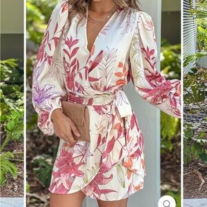 Beige Floral Satin Wrap Short Dress, Size Small, brand new